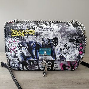 NWT DKNY CLEO MEDIUM SHOULDER FLAP BAG CROSSBODY PURSE BLACK GRAFFITI
